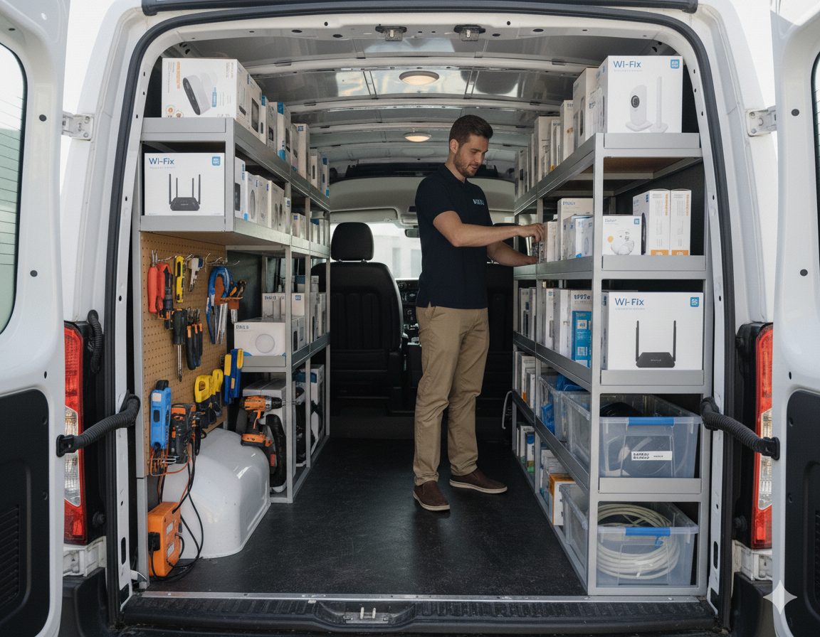 Wi-Fix IT network installation van stocked for Austin service calls