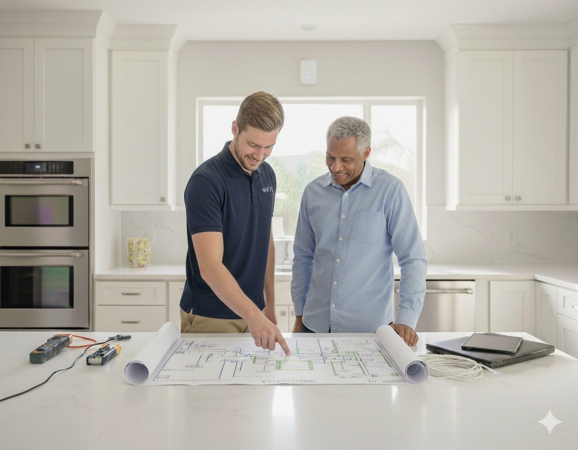 Austin builder reviewing new construction Wi-Fi pre-wire and smart home plans