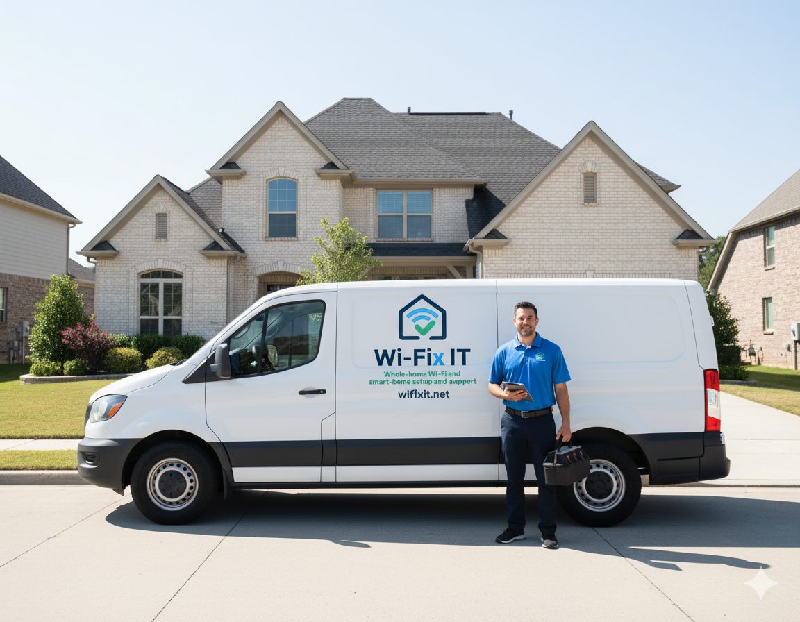 Austin Wi-Fi mesh installation technician beside a Wi-Fix IT service van